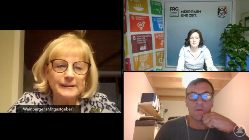 Stellten in einer Online-Veranstaltung den Zwischenstand der Nachhaltigkeitsstrategie im Landkreis Freyung-Grafenau vor (von links im Uhrzeigersinn): Stellv. Landrätin Helga Weinberger, Klimaschutzmanagerin Verena Holzbauer und Berater Peter Ranzinger.