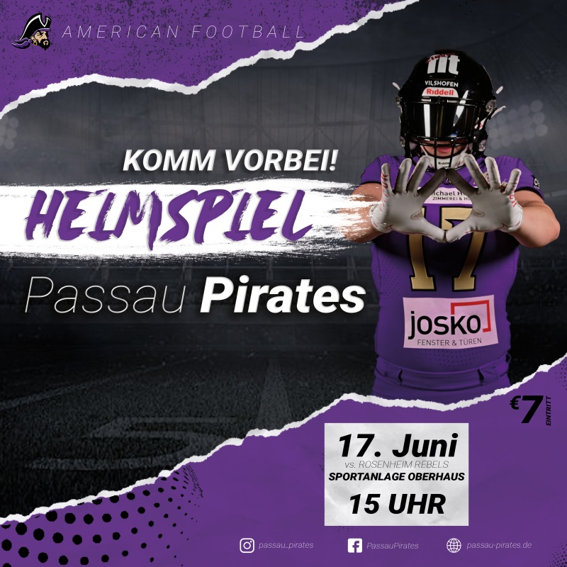 Flyer/Grafik zum Event: Passau Pirates Heimspiel gegen Rosenheim Rebels am Sa., 17.06.2023 von 14:00 bis 19:00 Uhr
