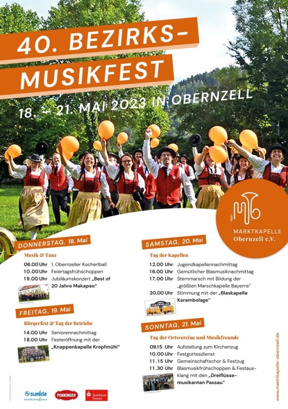Flyer/Grafik zum Event: 40. Bezirksmusikfest in Obernzell am Do., 18.05.2023 ab 06:00 Uhr