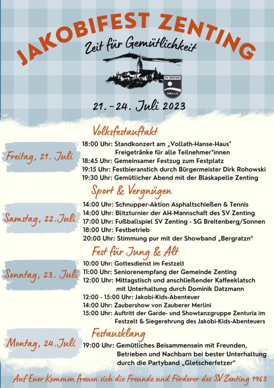 Flyer/Grafik zum Event: Jakobifest Zenting am Fr., 21.07.2023 - Mo., 24.07.2023