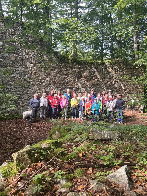 Wanderführer Karl Graf (letzte Reihe, 2. v. r.) zeigte den Mitgliedern des Waldvereins Grafenau die Überreste der Burgruine Neuenbuchberg im Gemeindegebiet Hohenau. Die gleiche Wandergruppe, erneut vor den Mauerresten der Burgruine, dieses Mal mit mehr grünem Vordergrund sichtbar.