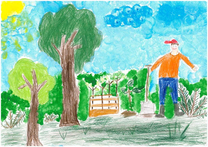 Buntes Kinderbild zeigt eine freundliche Landschaft mit Bäumen, Sträuchern, Sonne und blauem Himmel. Ein Kind mit rotem Cap pflanzt neben einer Schaufel einen neuen Baum.