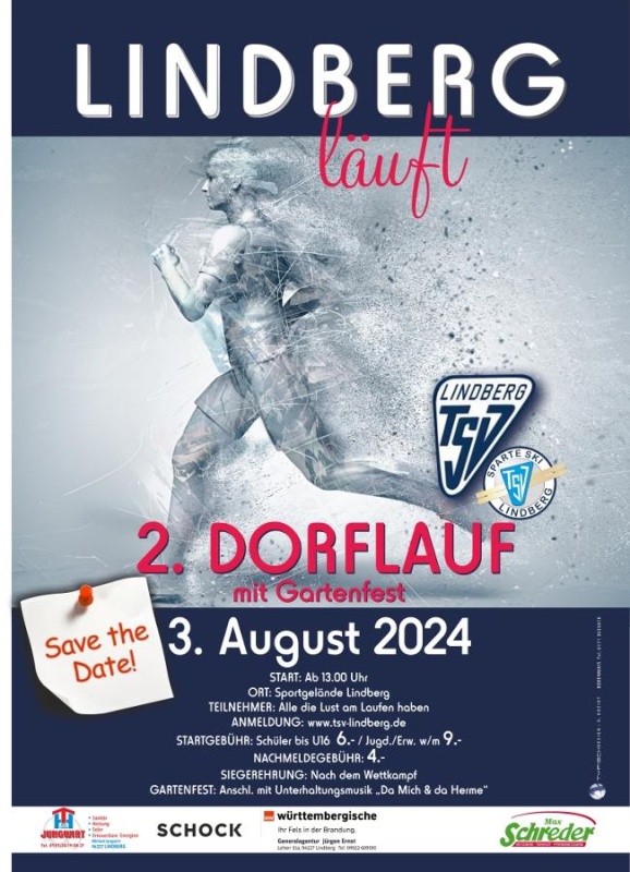 Flyer/Grafik zum Event: 2. Dorflauf mit Gartenfest TSV Lindberg am Sa., 03.08.2024 ab 13:00 Uhr