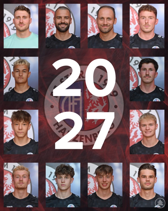 Porträtcollage der Spieler des FC Sturm Hauzenberg, die ihre Verträge bis 2027 verlängert haben. Eine Collage aus Porträtfotos mehrerer Fußballspieler und Verantwortlicher des FC Sturm Hauzenberg. In der Mitte steht groß die Jahreszahl „2027“. Im Hintergrund ist das Vereinslogo angedeutet.