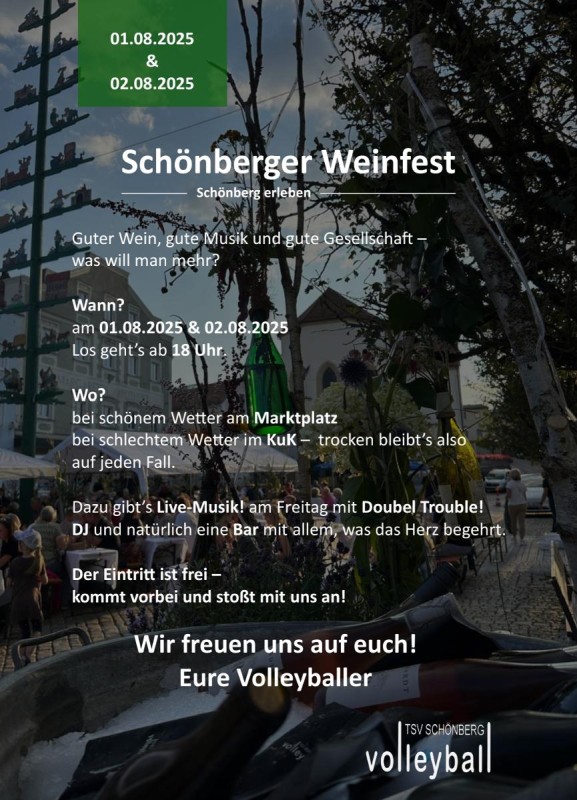 Flyer/Grafik zum Event: Weinfest am Marktplatz Schönberg 2024 am Fr., 02.08.2024 - Sa., 03.08.2024