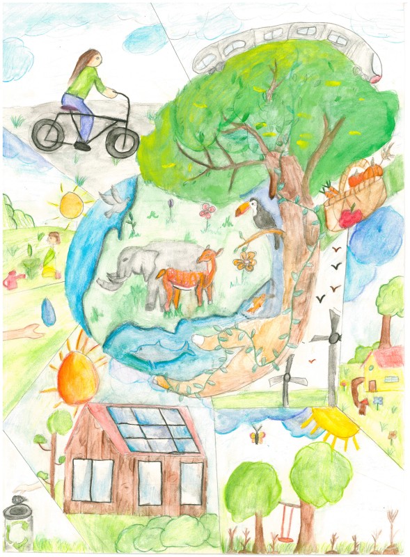 Kreative Collage, im Zentrum eine große Erdkugel mit Baum, Tieren und Fluss. Umgeben von Motiven wie Radfahrerin, Solarhaus, Obstkorb, Sonnenenergie und Windrädern.