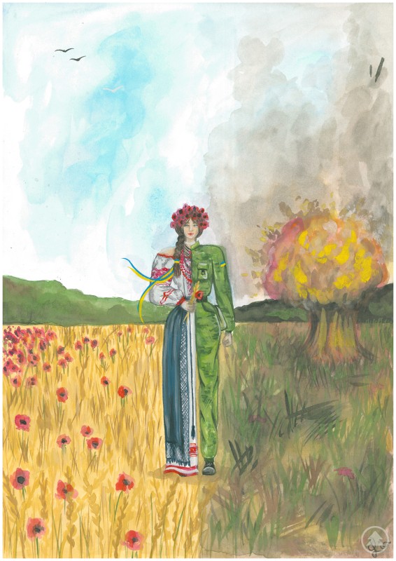 1. Platz Altersstufe IV: „Frieden“ von Emilia Orosz, Klasse 8b, Robert-Koch-Gymnasium Deggendorf Ein ausdrucksstarkes Bild: In der linken Bildhälfte ein goldgelbes Mohnfeld und eine Frau in traditioneller Kleidung, rechts zerstörte, verbrannte Landschaft mit Rauch.