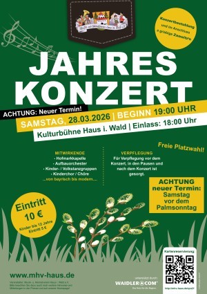 Flyer/Grafik zum Event: Jahreskonzert des Musik- und Heimatverein Haus i. Wald e.V. am Sa., 28.03.2026 ab 19:00 Uhr