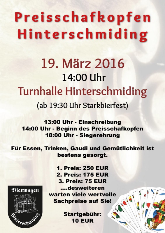 Flyer/Grafik zum Event: Preisschafkopfen Hinterschmiding am Sa., 19.03.2016