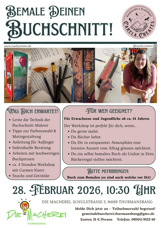 Flyer/Grafik zum Event: Bemale Deinen Buchschnitt am Sa., 28.02.2026 von 10:30 bis 14:30 Uhr