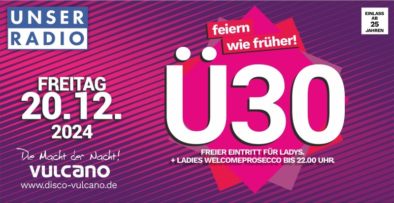Flyer/Grafik zum Event: Ü30 Party - auf 2 Musikareas! | 20.12. am Fr., 20.12.2024 ab 21:00 Uhr