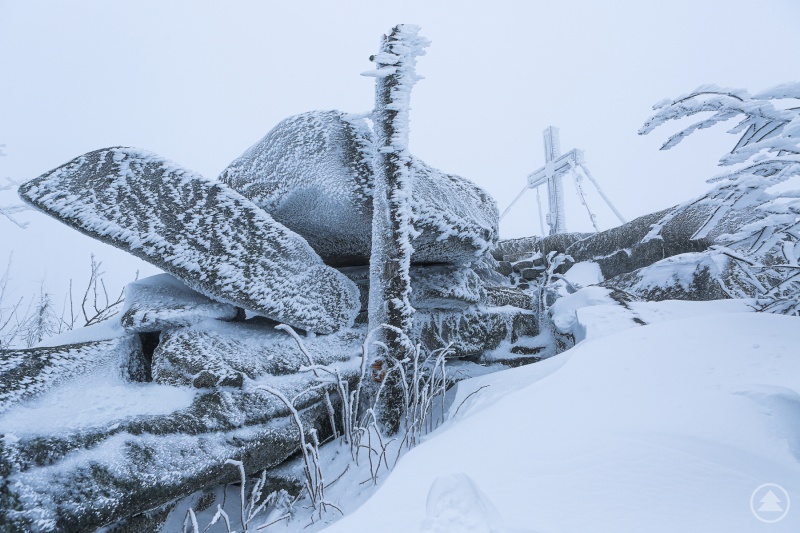 Der winterliche Plöckenstein-Gipfel.