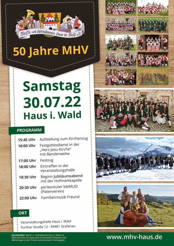 Flyer/Grafik zum Event: 50 Jahre Musik- u. Heimatverein Haus i. Wald am Sa., 30.07.2022 ab 15:45 Uhr