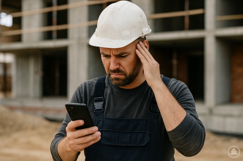 Ständige Erreichbarkeit auf der Baustelle – ein alltägliches Bild im Handwerk, das zunehmend zur Belastung wird. Ein Vorarbeiter auf der Baustelle trägt einen Schutzhelm und Arbeitskleidung. Er hält sein Smartphone in der Hand und blickt mit angespanntem Gesichtsausdruck auf das Display. Hinter ihm sind Baustellengeräte und Baumaterial zu sehen. Die Szene vermittelt Stress und ständige Erreichbarkeit im Arbeitsalltag.