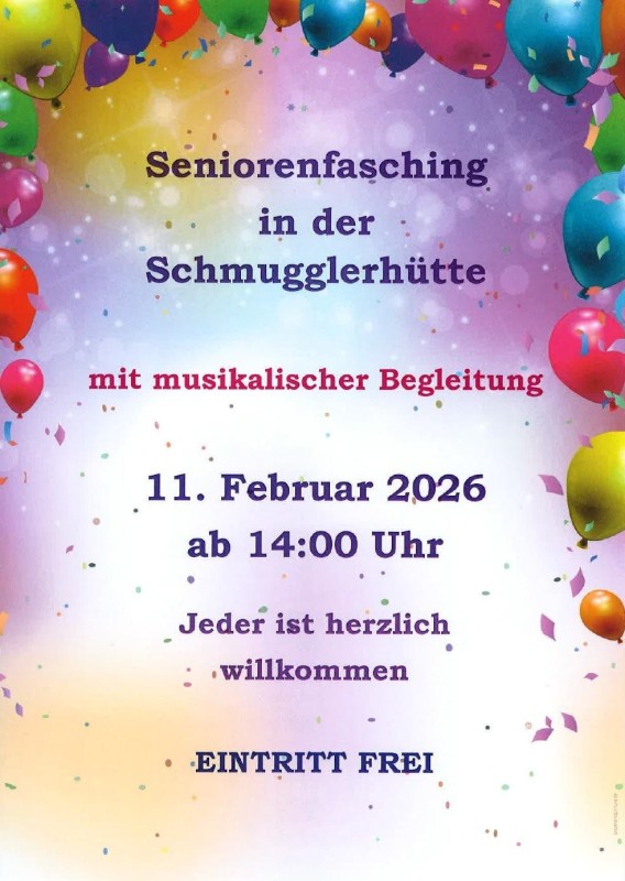 Flyer/Grafik zum Event: Seniorenfasching in der Schmugglerhütte am Mi., 11.02.2026 von 14:00 bis 18:00 Uhr