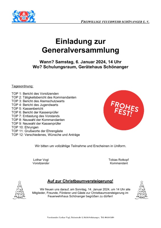 Flyer/Grafik zum Event: Christbaumversteigerung FFW Schönanger am So., 14.01.2024 - So., 12.01.2025 von 14:00 bis 18:00 Uhr