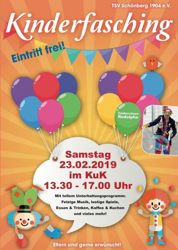 Flyer/Grafik zum Event: Schönberger Kinderfasching 2019 am Sa., 23.02.2019 von 13:30 bis 17:00 Uhr