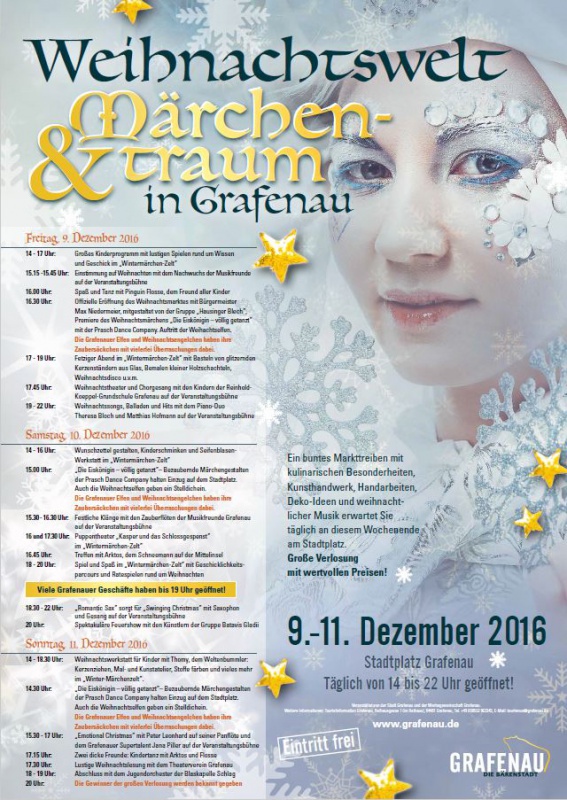 Flyer/Grafik zum Event: Weihnachtsmarkt in Grafenau am Fr., 09.12.2016 - So., 11.12.2016 von 14:00 bis 22:00 Uhr