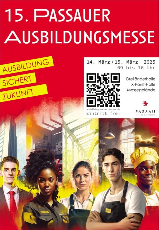 Flyer/Grafik zum Event: 15. Passauer Ausbildungsmesse am Fr., 14.03.2025 - Sa., 15.03.2025