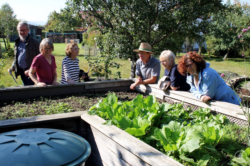 Ein Blick ins Hochbeet mit v.li. Klaus Eder, Rosemarie Wagenstaller, Bürgermeisterin Ilse Oswald, Günther Sebald, Landrätin Rita Röhrl und Regens Gartenbauvereinsvorsitzende Dr. Beate Wind.