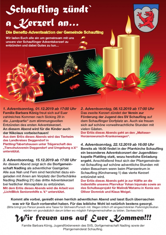 Flyer/Grafik zum Event: Benfizaktion: "Schaufling zündt' a Kerzerl an..." am So., 15.12.2019 ab 17:00 Uhr