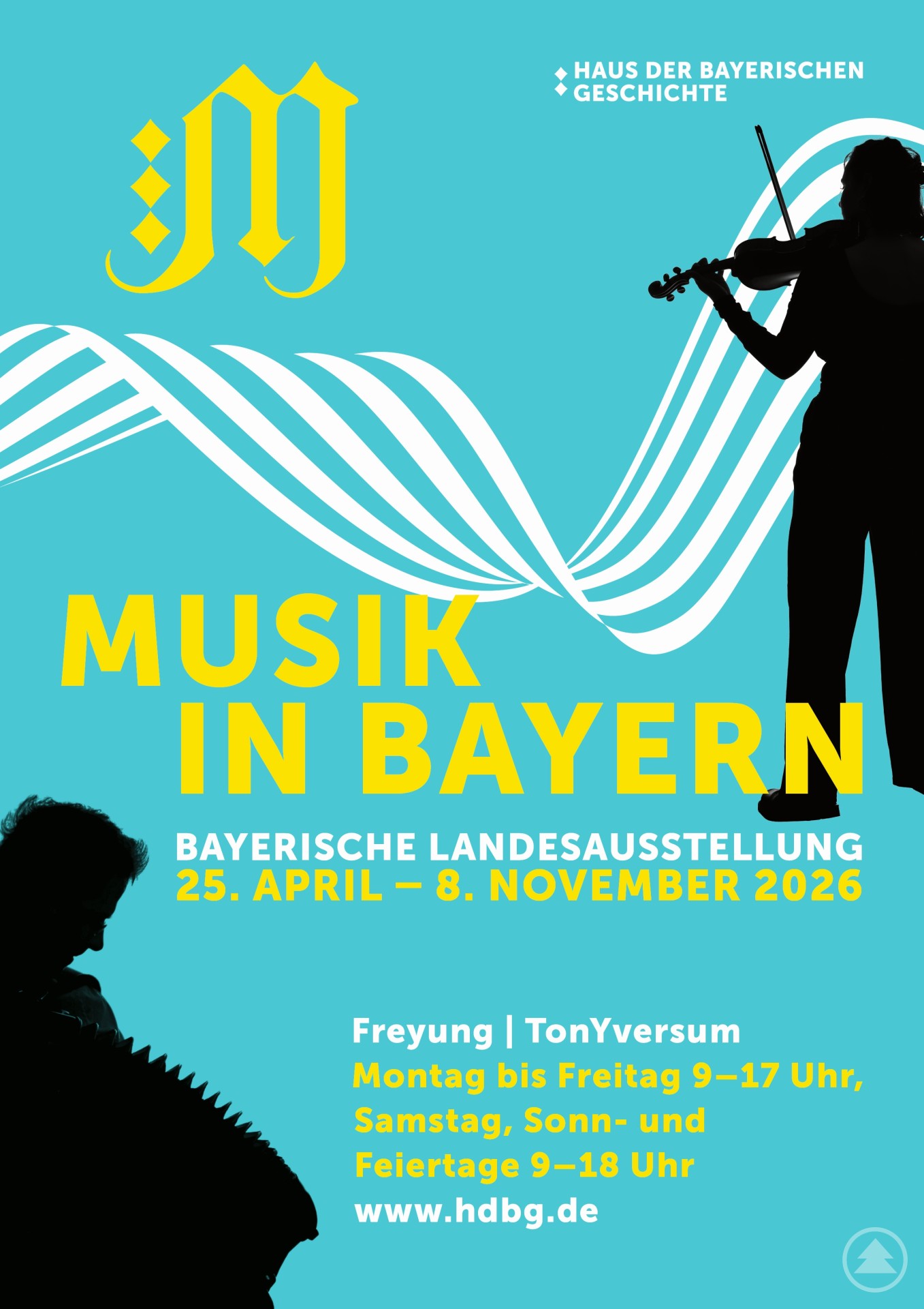 Das Plakatmotiv zur Bayerischen Landesausstellung 2026 „Musik in Bayern“ wurde erstmals der Öffentlichkeit präsentiert. Plakat zur Bayerischen Landesausstellung 2026 mit dem Titel „Musik in Bayern“, farbenfroh gestaltet mit Silhouetten von Musikern und geschwungenen Notenlinien.