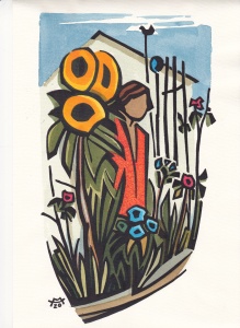 Linolschnitt koloriert mit dem Titel: "M&auml;dchen im Garten" aus dem Jahr 2020 im Passepartout (Format 50x40cm)