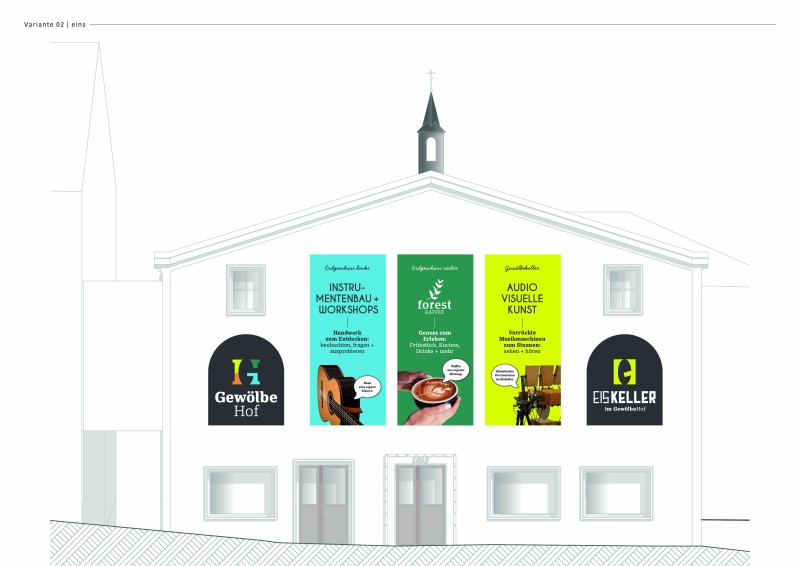 Die Fassade des ehemaligen Passauer Hofs wird für die Zwischennutzung während der Bayerischen 2026 Landesausstellung Musik in Bayern mit Bannern gestaltet. Visualisierung der Fassade des ehemaligen Passauer Hofs mit farbigen Bannern zu Instrumentenbau, Kaffee und audiovisueller Kunst während der Landesausstellung.