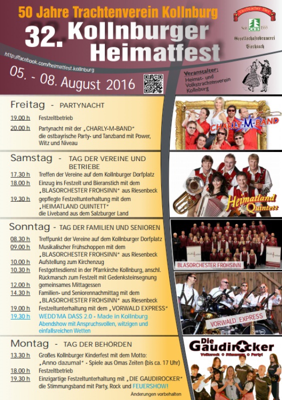 Flyer/Grafik zum Event: 32. Kollnburger Heimatfest am Fr., 05.08.2016 - Mo., 08.08.2016