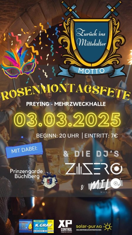 Flyer/Grafik zum Event: Rosenmontagsfete - Preying am Mo., 03.03.2025 ab 20:00 Uhr