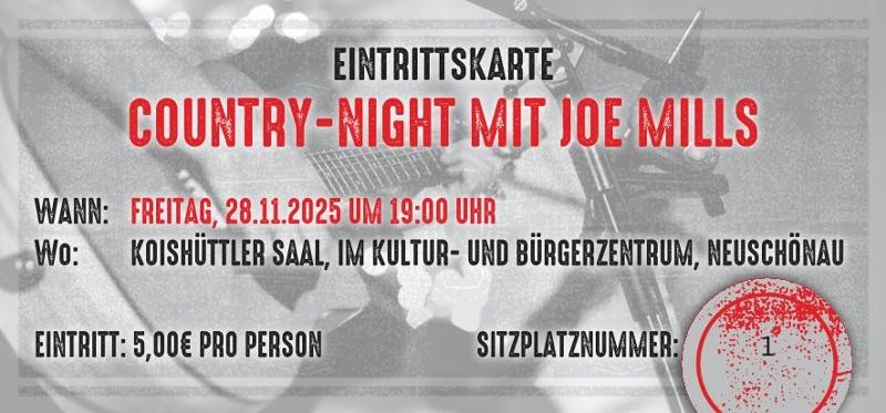 Flyer/Grafik zum Event: Country-Abend mit Joe Mills am Fr., 28.11.2025 von 19:00 bis 21:00 Uhr