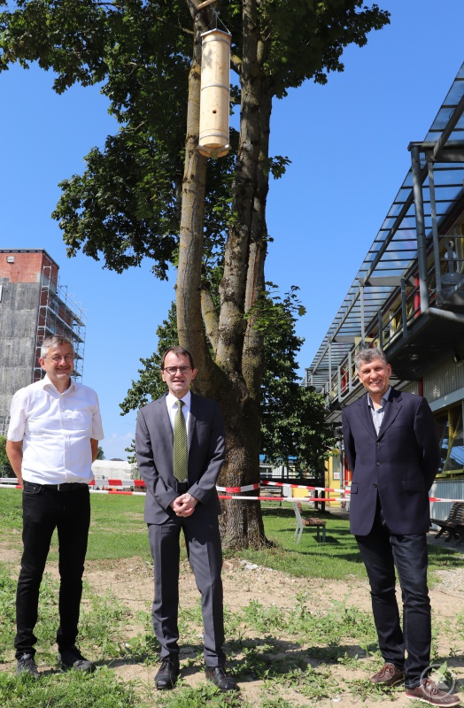 Caritasvorstand Michael Endres (mi.) vor der neuen Bienenbehausung in luftiger Höhe mit dem Abteilungsleiter Arbeit und Werkstätten, Helmut Weber (li.) und Erich Auer, Leiter Caritas Werkstatt Pocking