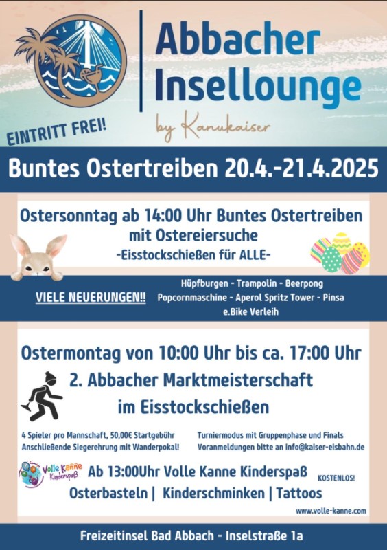 Flyer/Grafik zum Event: Buntes Ostertreiben auf der Freizeitinsel Bad Abbach – 20. & 21. April 2025 am So., 20.04.2025 - Mo., 21.04.2025