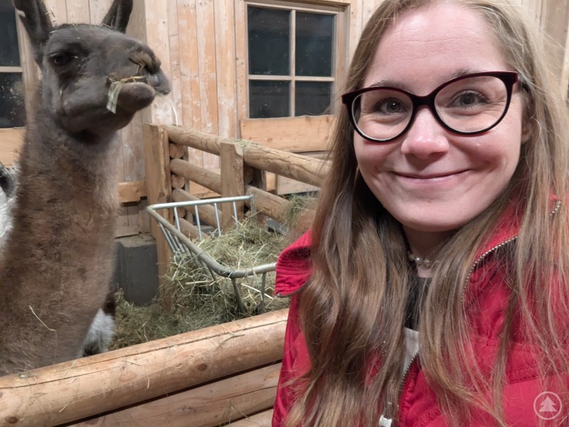 Selfie von l&auml;chelnder Frau mit Lama