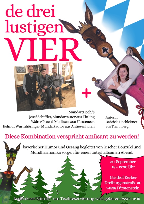 Flyer/Grafik zum Event: De drei lustigen VIER am Sa., 30.09.2023 von 18:00 bis 19:30 Uhr