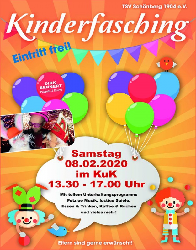 Flyer/Grafik zum Event: Kinderfasching im KuK Schönberg 2020 am Sa., 08.02.2020 von 13:30 bis 17:00 Uhr
