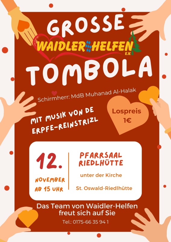Flyer/Grafik zum Event: Große Waidler-Helfen e.V. Tombola für den guten Zweck am So., 12.11.2023 ab 15:00 Uhr