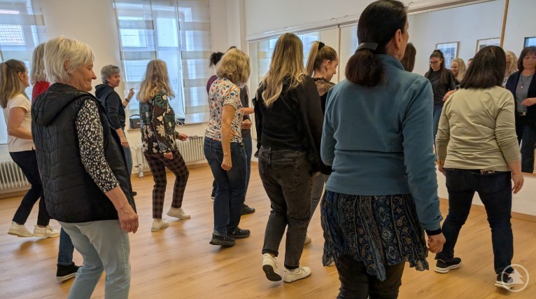 Taktgefühl war gefragt im Line Dance Kurs mit Sonja Bothe. In mehreren Reihen wird vor einer Spiegelwand getanzt.