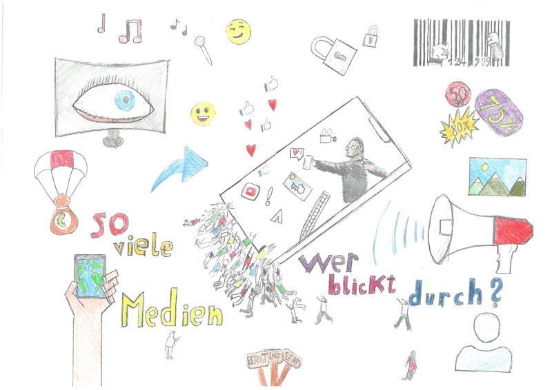 „So viele Medien – Wer blickt durch?“ fragt Aris Kanozsai (7a, Emerenz-Meier-Mittelschule Waldkirchen) mit seinem Bild. MM 2025-02-06 Schülerinnen und Schüler reflektieren beim Malwettbewerb des Gesundheitsamtes eigenen Medienkonsum kritisch – Tipps zum Reduzieren Bild1.jpg