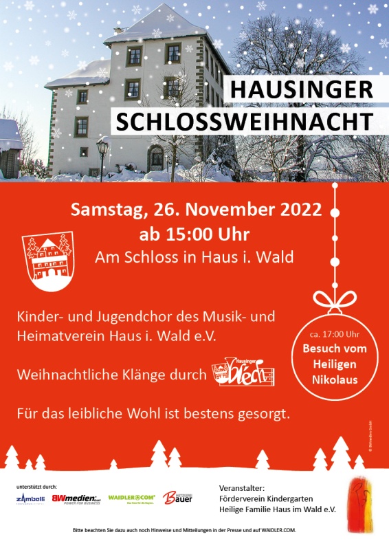 Flyer/Grafik zum Event: Hausinger Schlossweihnacht 2022 am Sa., 26.11.2022 ab 15:00 Uhr