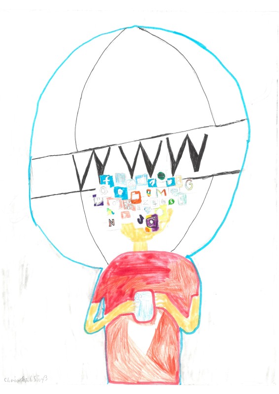 Mit einem „Kopf voller Medien“ betrachtet Christoph Süß (M7, Probst-Seyberer-Mittelschule Grafenau) den eigenen Konsum kritisch. MM 2025-02-06 Schülerinnen und Schüler reflektieren beim Malwettbewerb des Gesundheitsamtes eigenen Medienkonsum kritisch – Tipps zum Reduzieren Bild2.jpg