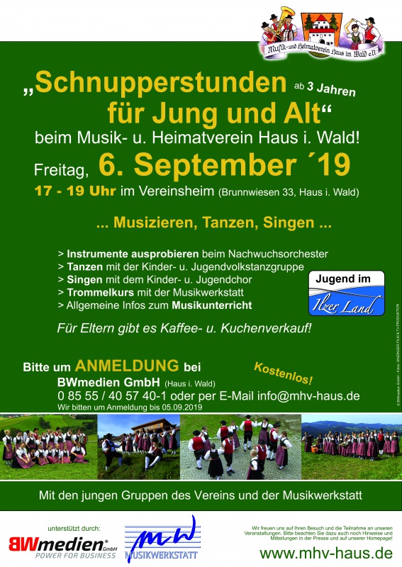 Flyer/Grafik zum Event: Schnupperstunden für Jung und Alt am Fr., 06.09.2019 von 17:00 bis 19:00 Uhr