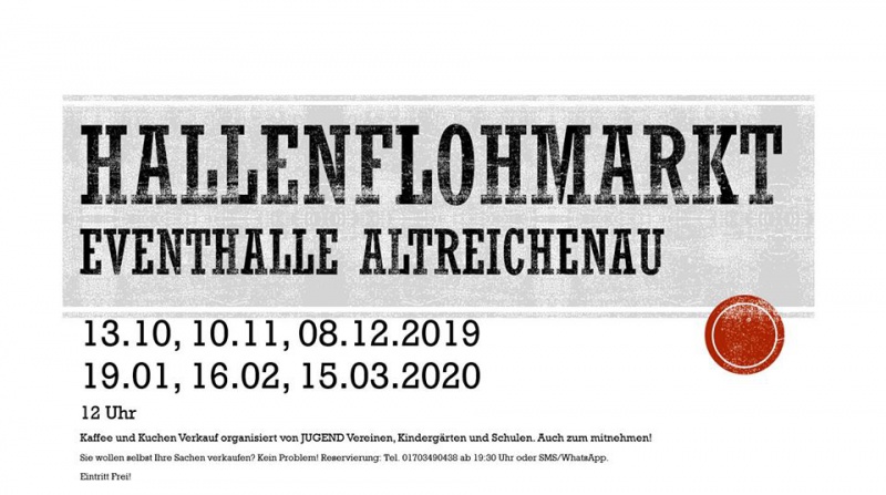Flyer/Grafik zum Event: Hallenflohmarkt in der Eventhalle Altreichenau am So., 19.01.2020