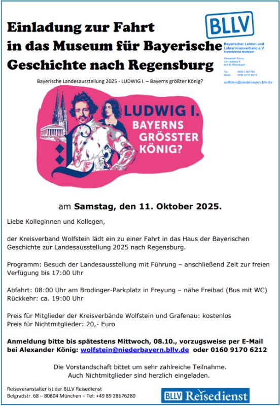 Flyer/Grafik zum Event: Fahrt zur Bayerischen Landesausstellung 2025 – Ludwig I. im Museum für Bayerische Geschichte Regensburg am Sa., 11.10.2025 ab 08:00 Uhr